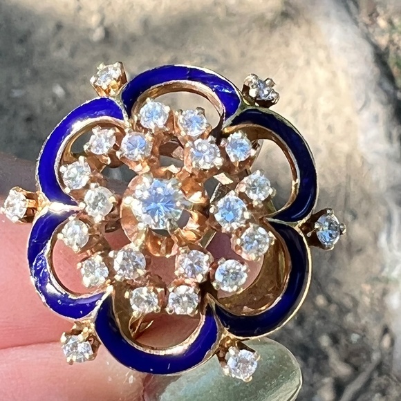 VINTAGE 14K YELLOW GOLD DIAMOND COBALT BLUE ENAMEL RING STATEMENT CUSTOM MADE - Picture 4 of 16